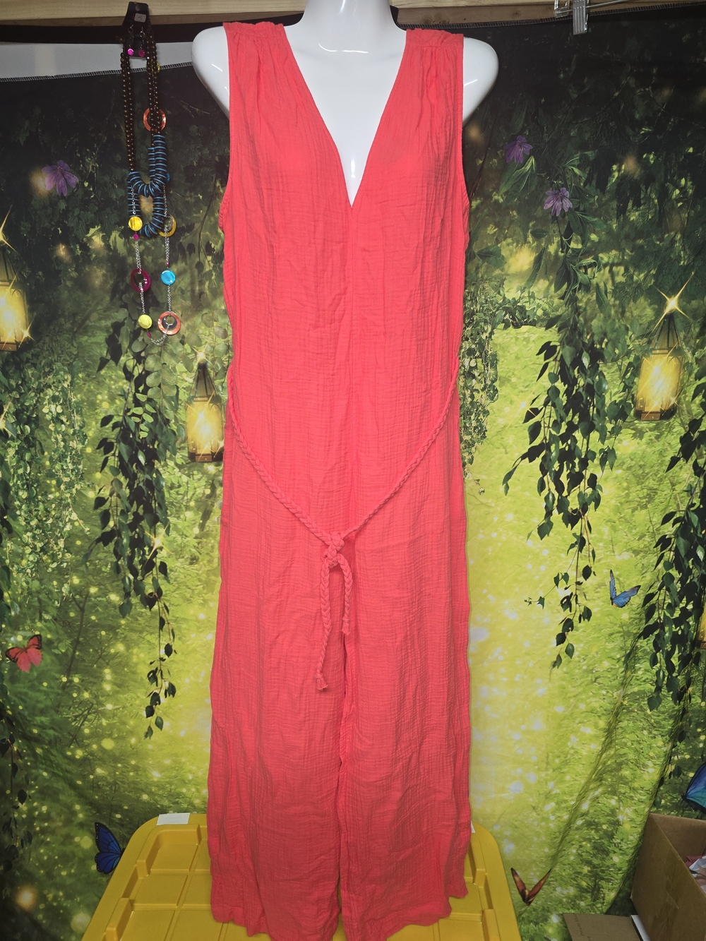 #167 Universal Thread Coral Sleeveless V-Neck Wide-leg Jumpsuit with Waist Tie